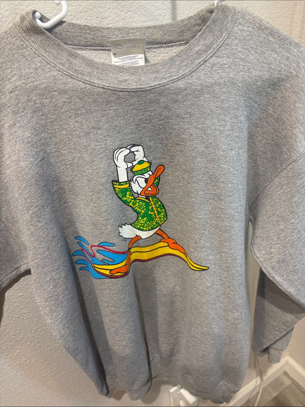 Grey Crewneck Sweatshirt with Colorful Surfing Duck Graphic Oregon